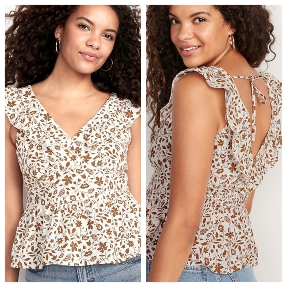 Old Navy Flutter Sleeve Babydoll Milkmaid Floral V-Neck Tie-Back Top Size XL NWT